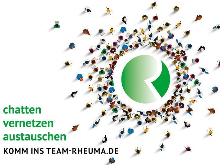 Illustrierte Menschen laufen auf das Logo der Rheuma-Liga zu, das Bild bewirbt die Austauschplattform Team Rheuma mit "Chatten, vernetzen, austauschen".
